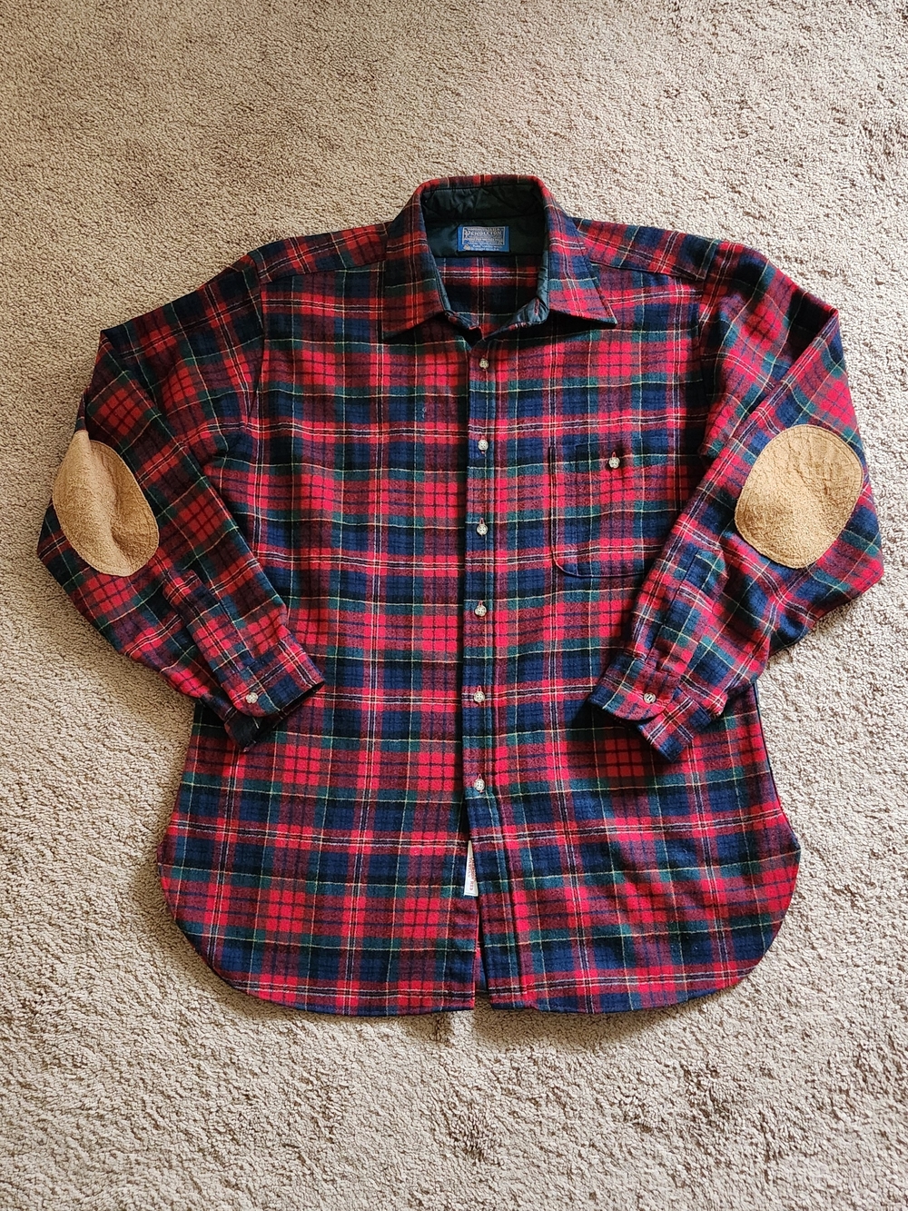 Vintage Pendleton Shirt Red Tartan 100% Virgin Wool Elbow Patch Button Up Mens L